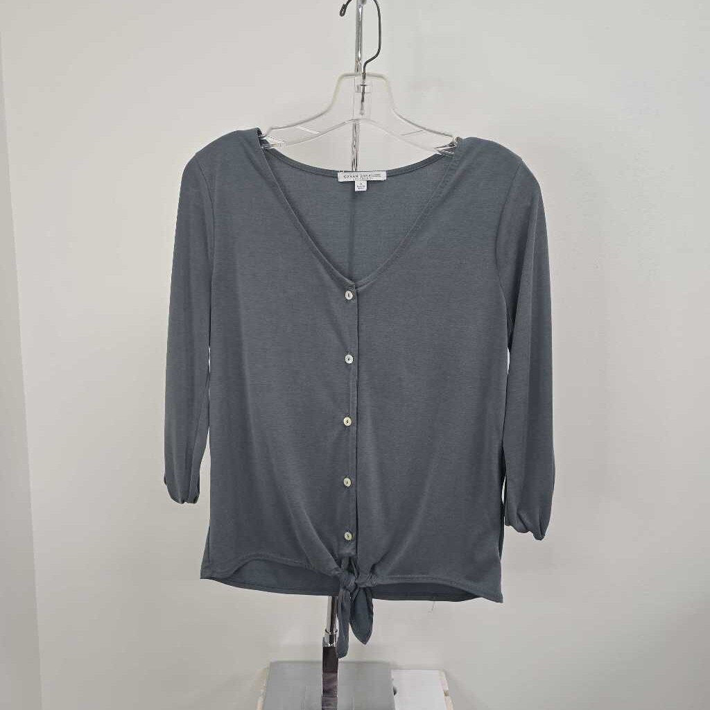 3/4 Sleeve Button Down Tie Front Top